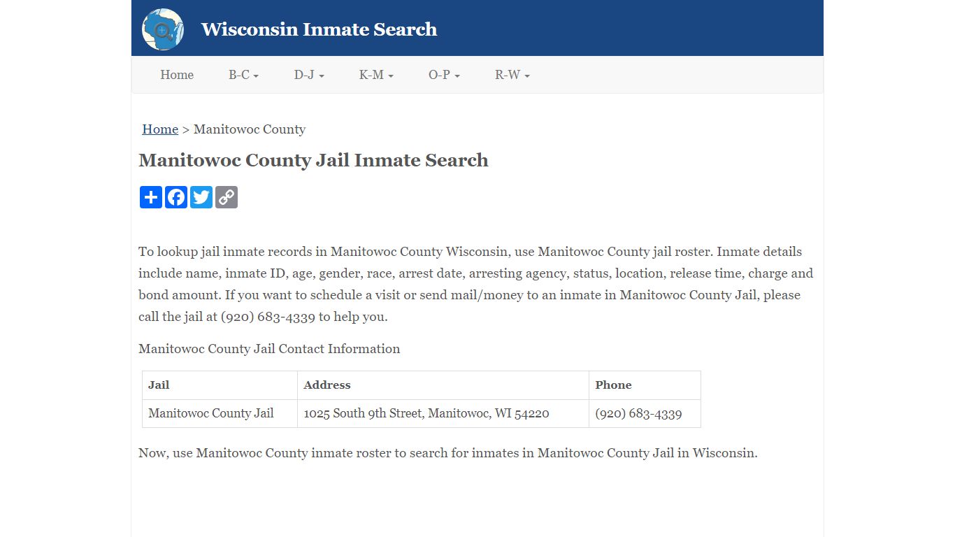 Manitowoc County Jail Inmate Search